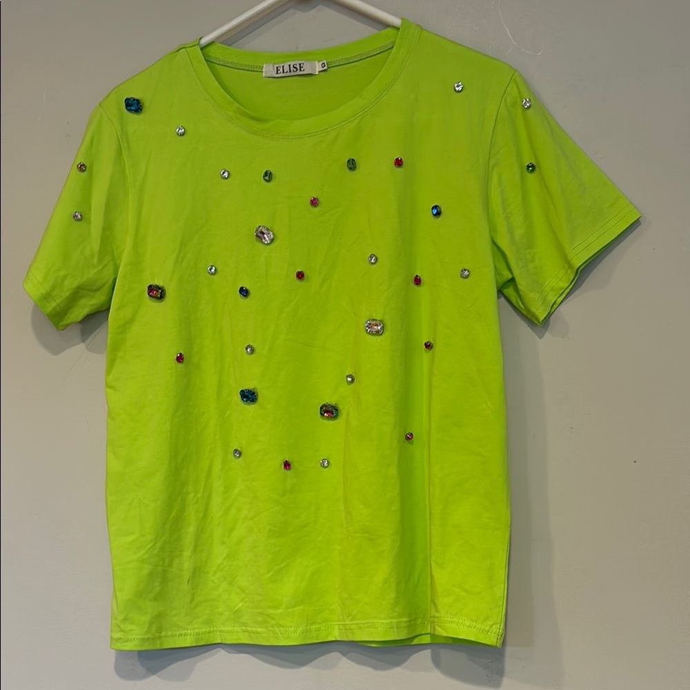Elise Lime Green Embellished T-Shirt